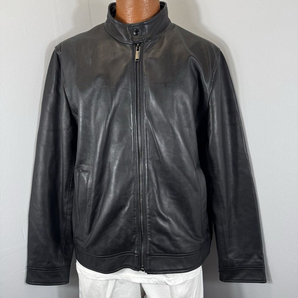 Calvin Klein Sz L 100% Genuine Leather Jacket Minimalist Moto Racer Full Zip